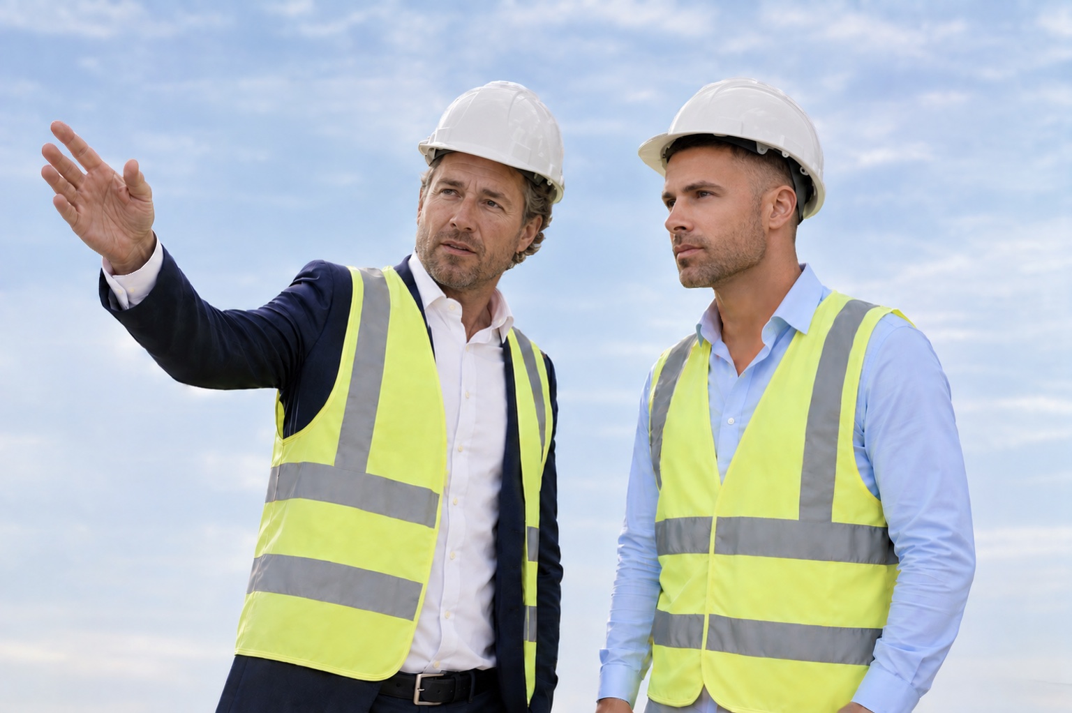 Der Geschäftsführer von ECHO ESTATES und ein Bauträger mit Helm und Warnweste auf der Baustelle